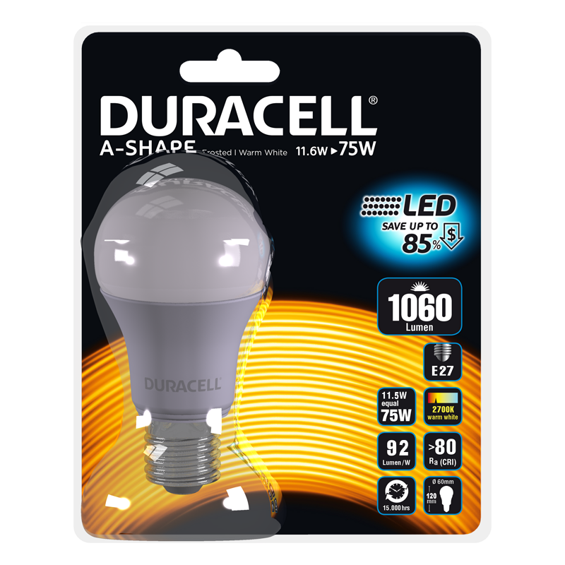 Excellent parts sensitivity Bec LED Duracell glob, mat, E27, 11.6W echivalent 75W, 15.000 ore, lumina  calda, blister